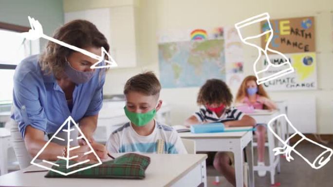 学校物品图标的动画在戴着口罩的学童身上移动