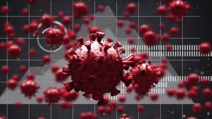漂浮在圆形扫描仪和图形上的多个新型冠状病毒肺炎单元的数字动画