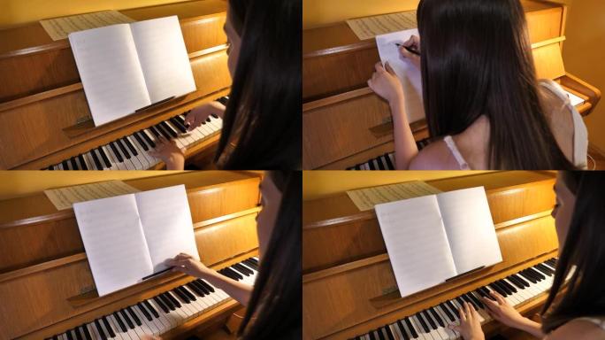 女孩弹钢琴，写音符和作曲