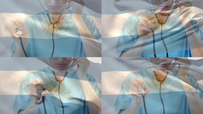 阿根廷国旗的数字组成挥舞着听诊器的高加索女性卫生工作者
