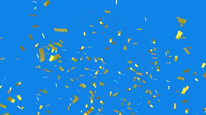 金色五彩纸屑落在蓝色背景下的抽象几何形状上的数字动画
