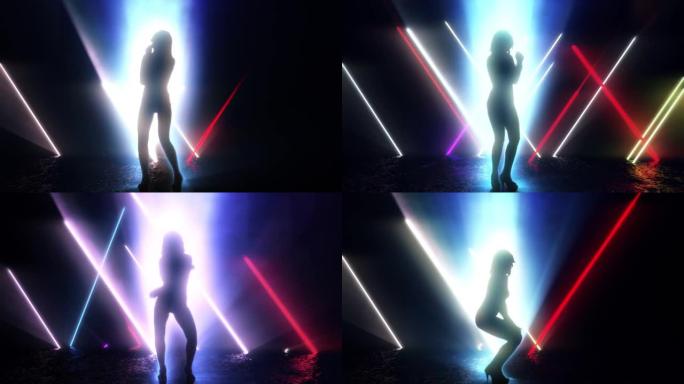灯光激光舞台3D渲染中的剪影性感舞者