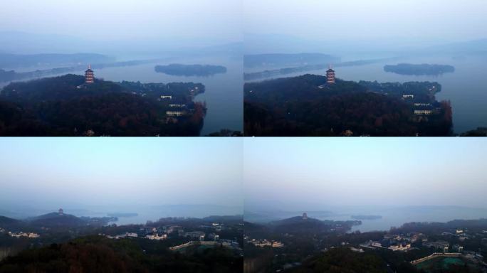 清晨航拍杭州西湖雷峰塔烟雨江南美景