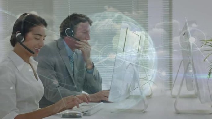 使用电话耳机对商务人士的连接网络和地球仪的动画