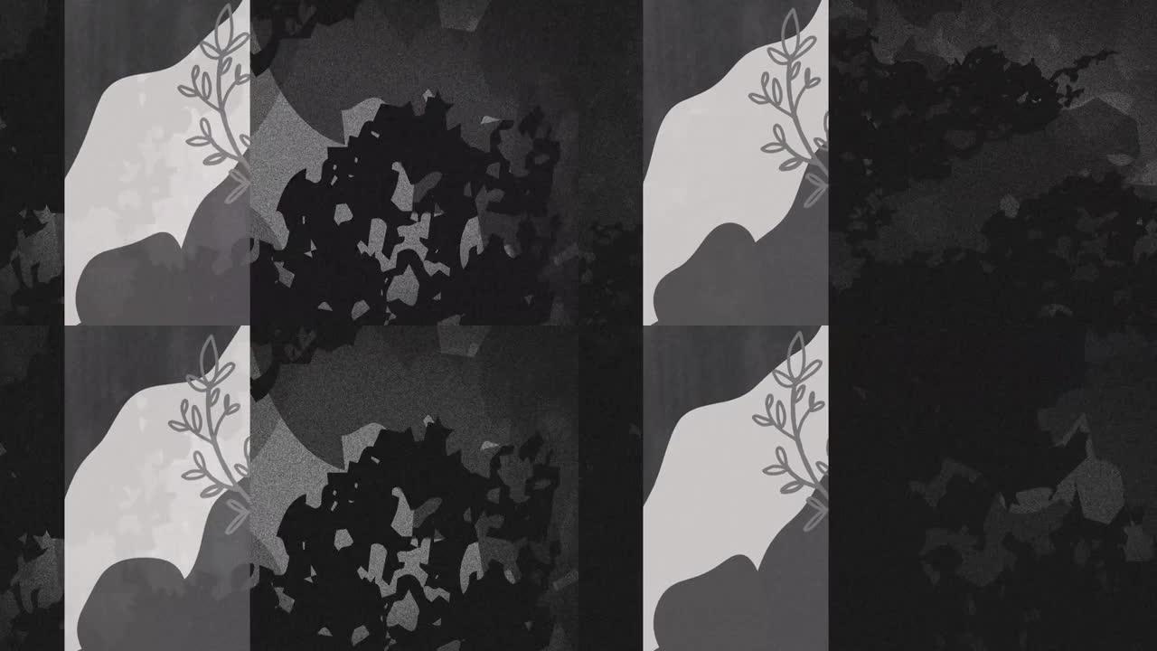 垂直白色面板上的灰色叶子形状的动画以及深灰色背景上的闪烁