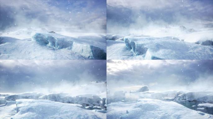 冬季在极地条件下高冰川和冰山，在冰雪中海洋。北极冬季雪景。该动画非常适合旅行，旅游，自然和冬季背景。