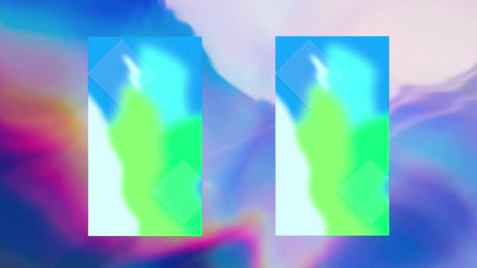 在两个垂直屏幕上的绿色和蓝色形式的动画，在起伏的蓝色和粉红色背景上