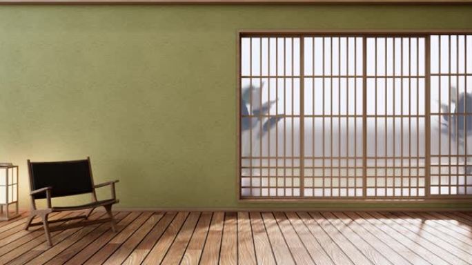 日本绿色房间设计室内日式风格。3D渲染