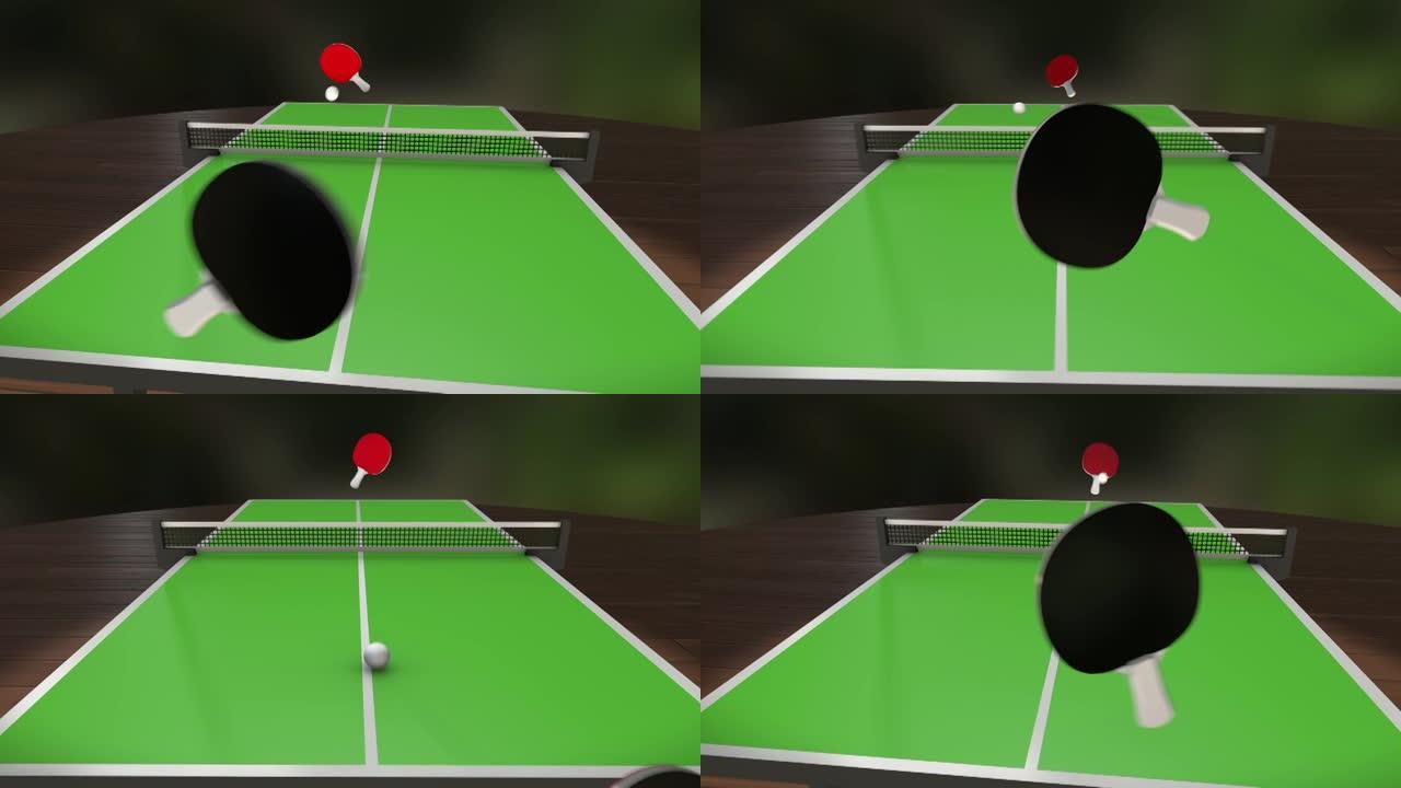 乒乓球游戏的3D动画。红色小球拍的POV在绿色桌子上来回击打乒乓球。具有第一人称视角的动态动作。虚拟
