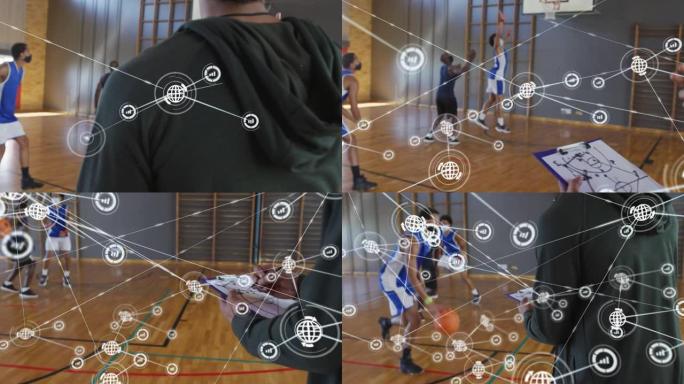 篮球比赛中带有图标的连接网络动画