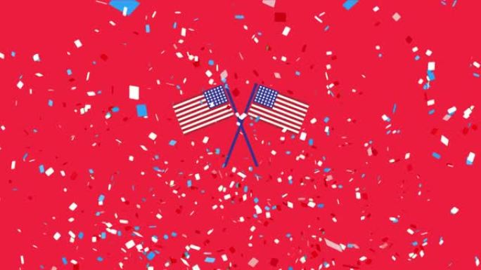 红蓝五彩纸屑掉落和红色背景上的美国国旗动画