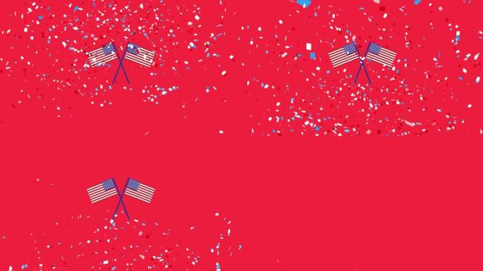 红蓝五彩纸屑掉落和红色背景上的美国国旗动画