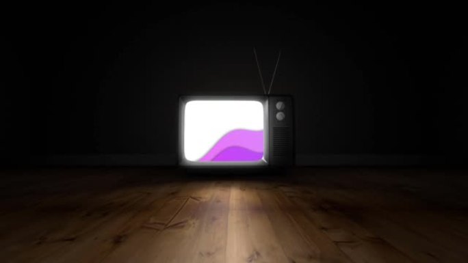 黑色背景下木质表面电视屏幕上的紫色抽象形状
