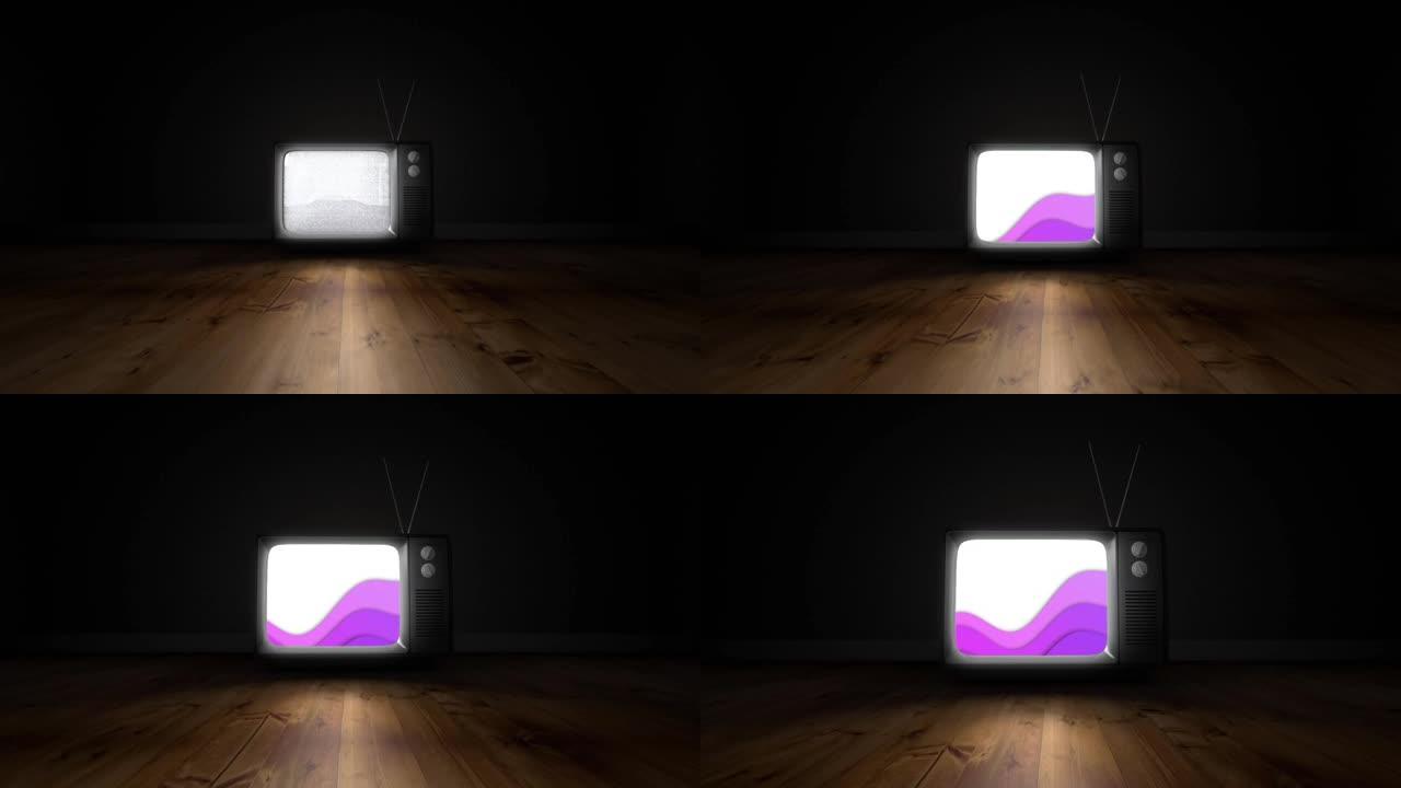 黑色背景下木质表面电视屏幕上的紫色抽象形状