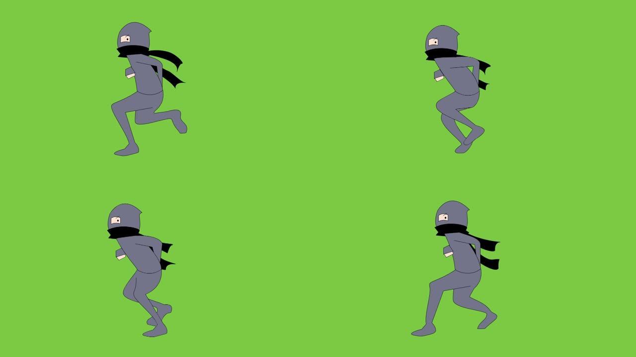 奔跑的忍者。绿色背景。