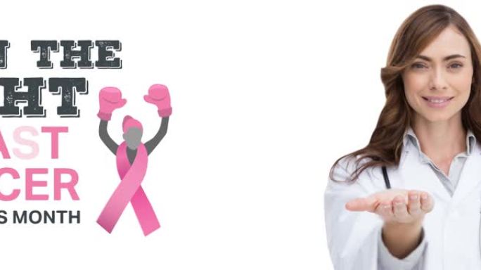 粉红乳腺癌丝带标志的动画与乳腺癌文字在微笑的女医生