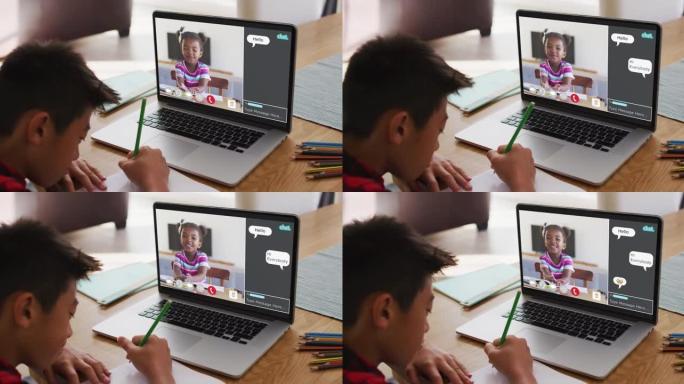 小学生在家中使用笔记本电脑进行在线课程，女孩在屏幕上聊天和网络聊天