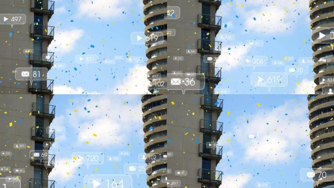 五彩纸屑落在漂浮在高层建筑上的多个语音泡沫上的社交媒体图标上