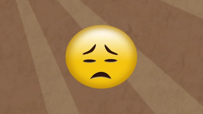 悲伤的表情符号在棕色背景上对抗移动的放射状光线的数字动画