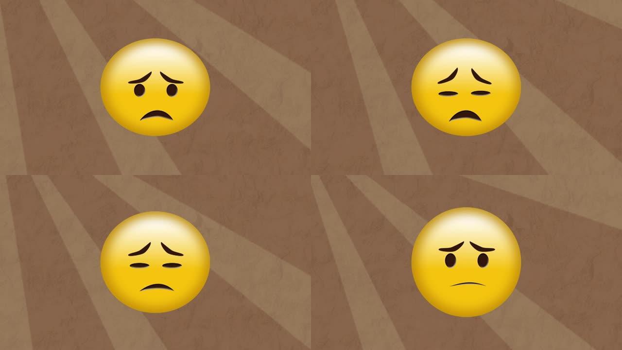 悲伤的表情符号在棕色背景上对抗移动的放射状光线的数字动画