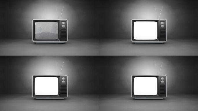 在灰色背景下打开复古电视的数字动画