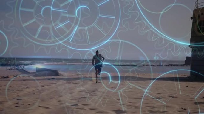 齿轮在沙滩上奔跑的人身上旋转的动画