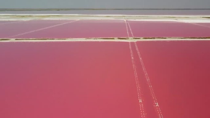 飞越盐田的粉红色泻湖。在阳光明媚的夏日，风景如画的无人机可以看到五颜六色的盐湖。杜氏盐藻。夏季晴天的