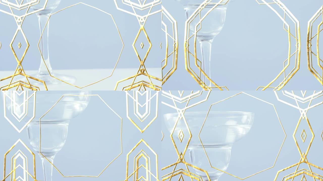 灰色背景下鸡尾酒杯特写镜头上的金色框架设计图案