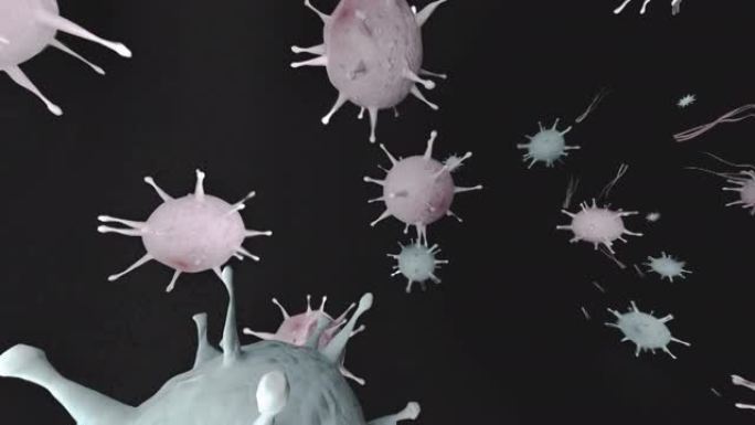 3d渲染显微镜病毒-细菌特写。1分钟时的动画循环。医学全景背景。