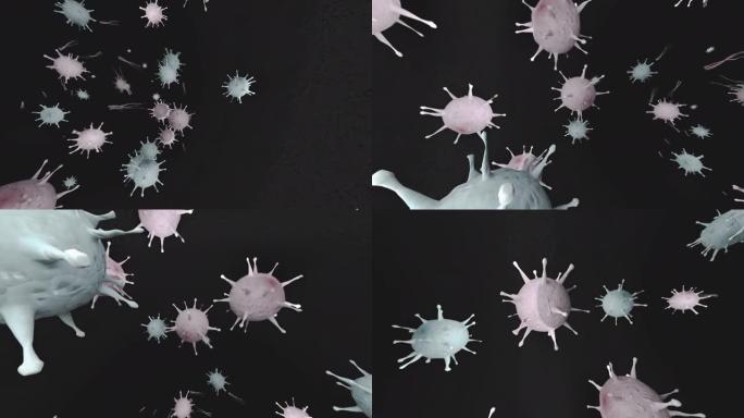 3d渲染显微镜病毒-细菌特写。1分钟时的动画循环。医学全景背景。