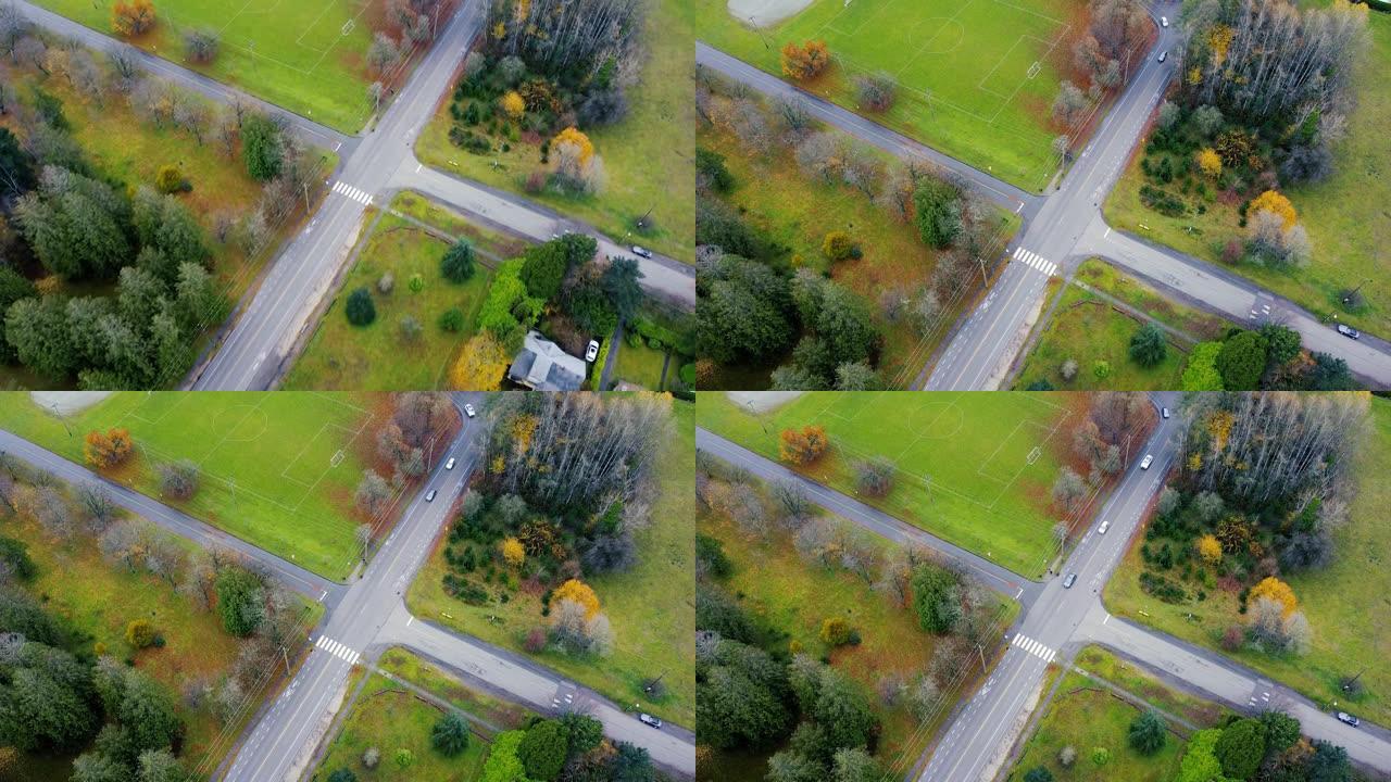 加拿大秋天的十字路口和足球的俯视图
