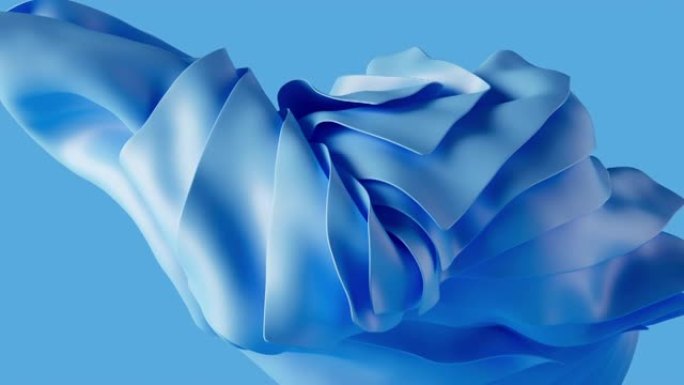 3d动画，带有飞行和旋转的蓝色窗帘包的抽象背景，折叠的纺织品，动画转换