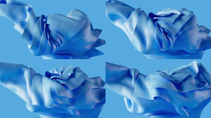 3d动画，带有飞行和旋转的蓝色窗帘包的抽象背景，折叠的纺织品，动画转换