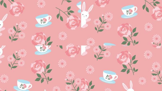 兔子杯和花朵在粉红色背景上重复的动画