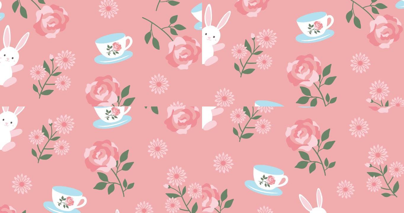 兔子杯和花朵在粉红色背景上重复的动画