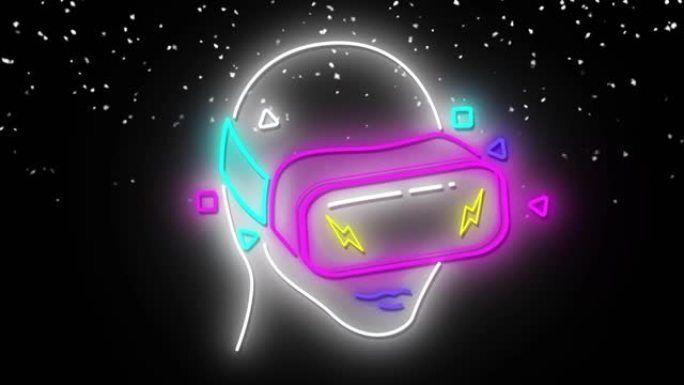 霓虹灯人戴着vr耳机图标落在黑色背景下的白色颗粒上