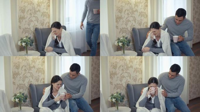 妻子在哭，丈夫给她带了一杯茶