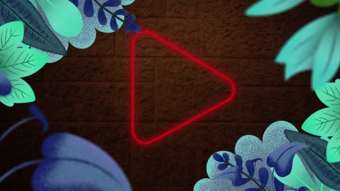 圆形横幅上的霓虹灯红色播放图标上的花卉设计数字动画