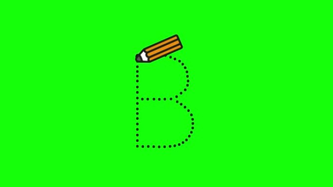 英语字母表写作教程。用绿色屏幕上隔离的铅笔跟踪字母B。儿童字母B顺序书写的动画字母样本