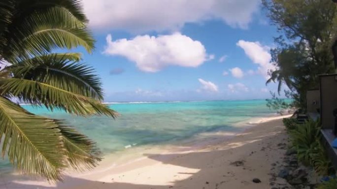 海滩上的绿松石色泻湖的掌景在阳光明媚的日子里向大海看去，有刮风的蓝天，椰子树来自南太平洋岛屿的别墅度