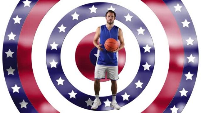 高加索男子篮球运动员的肖像在旋转的圆圈上对着星星持球