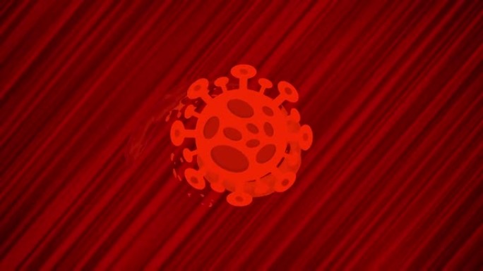 红色背景上的飞行病毒。跳跃日冕病毒的循环动画。在动态抽象背景上移动COVID。运动中的动画新型冠状病