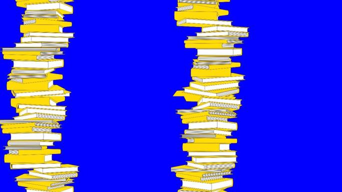 黄色书籍堆孤立在蓝色色度键文本空间上。