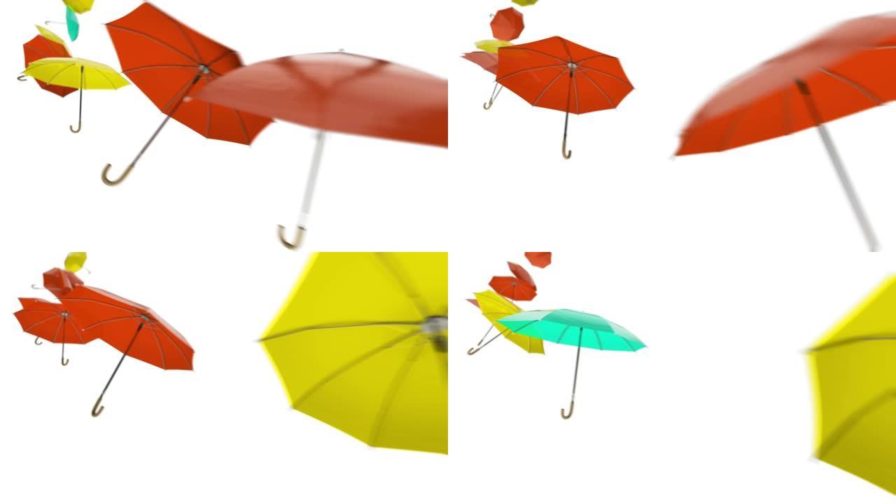 许多带有红色黄色阳伞的橙色雨伞随风在空中飞行