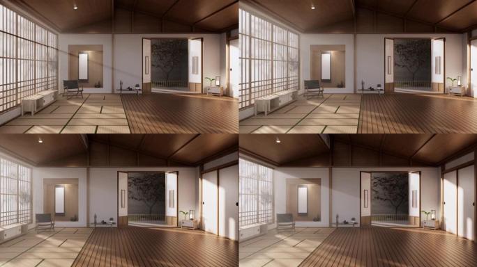 日式房间的设计宽敞，自然色调明亮。3D渲染
