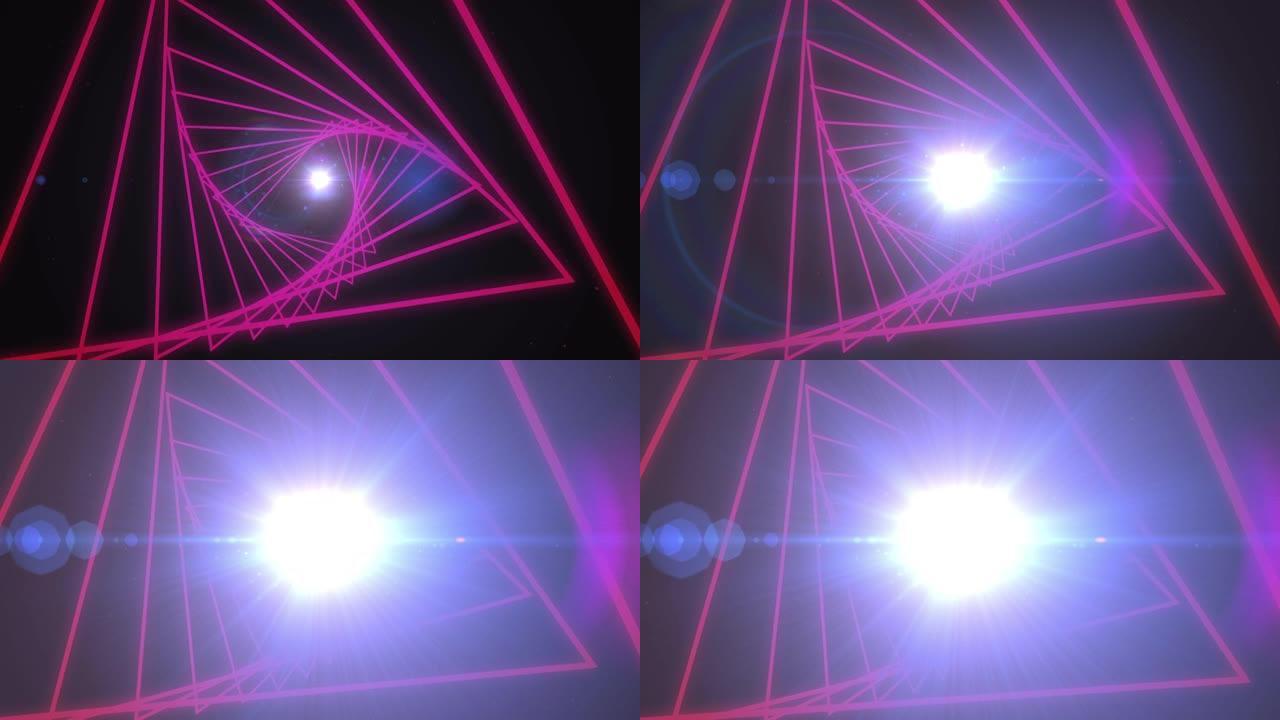 粉红色三角形形状在黑色背景上的光斑上无缝运动旋转