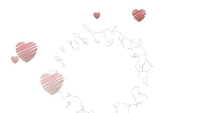 抽象几何形状在白色背景下旋转的多个红色心脏图标上