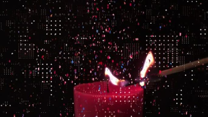 数字动画的点图案设计和五彩纸屑落在燃烧的蜡烛在黑色的背景