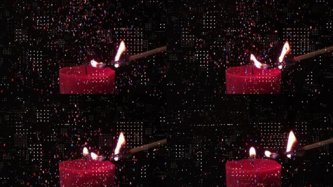 数字动画的点图案设计和五彩纸屑落在燃烧的蜡烛在黑色的背景