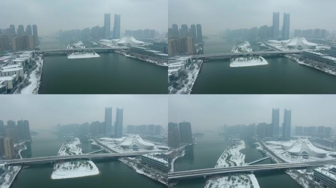 航拍 大景 城市 梅溪湖 雪景